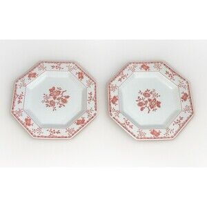 Vintage Pair Independence Ironstone Mary Jane Pink Floral 8in Octagon Plates